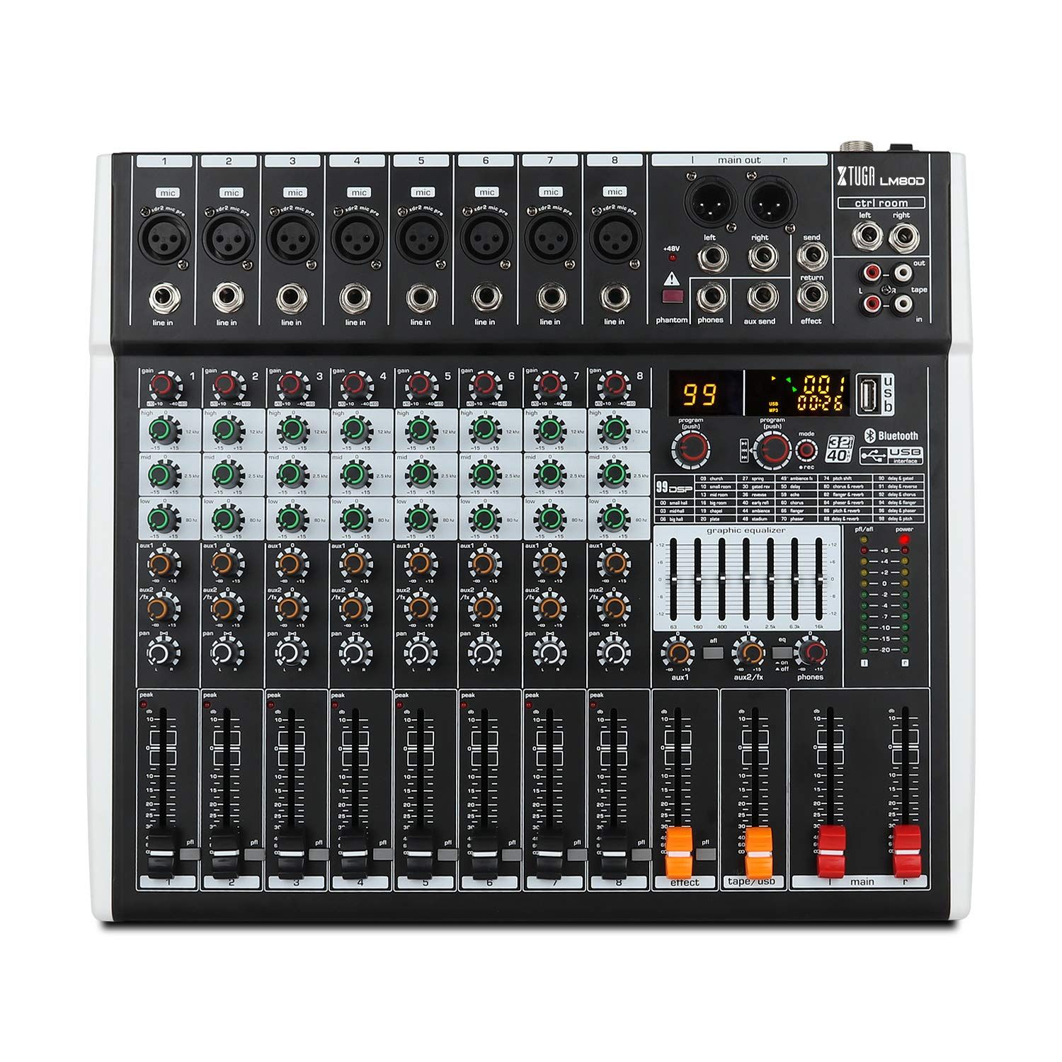 XTUGA LM80D USB & Bluetooth Professional Audio Mixer 8 Channels Audio 